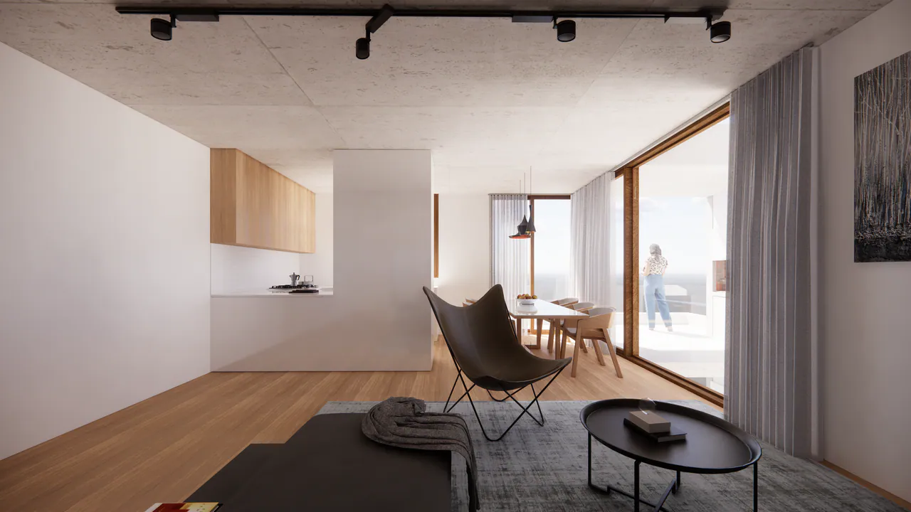 Render del living comedor de un departamento de Habitar, con ventanal y balcón